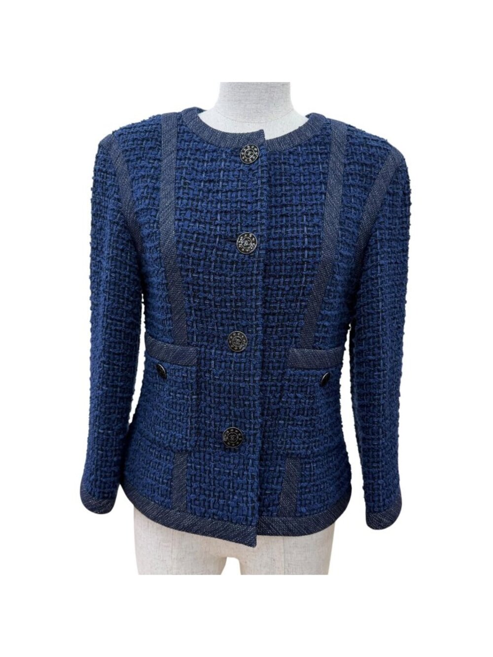 Chanel CC Logo Button Tweed Jacket Collarless Navy 36